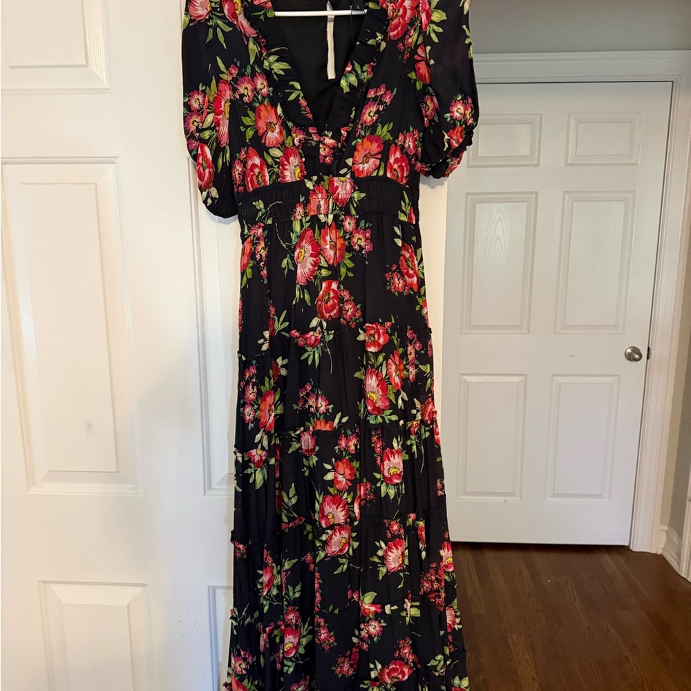 Yumi Kim Black Maxi Dress with Pink and Red Floral Print